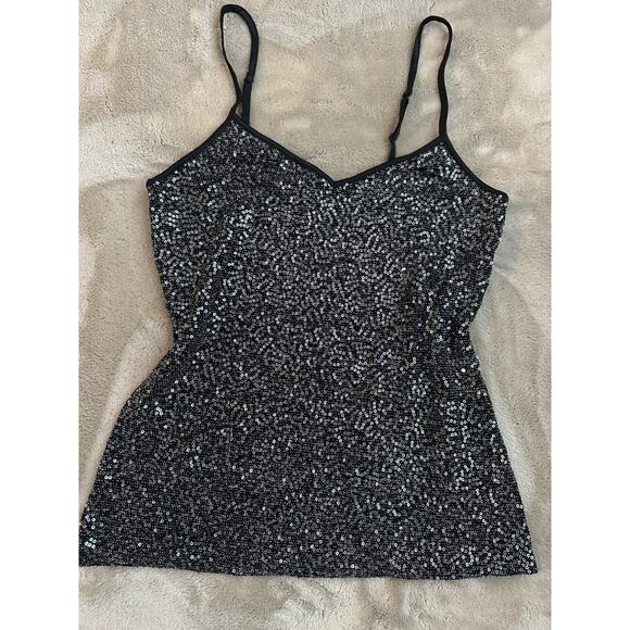 Y2K Express Black Silver Sequin V Neck Cami Spaghetti Strap Glam Club Tank VTG - Picture 6 of 7